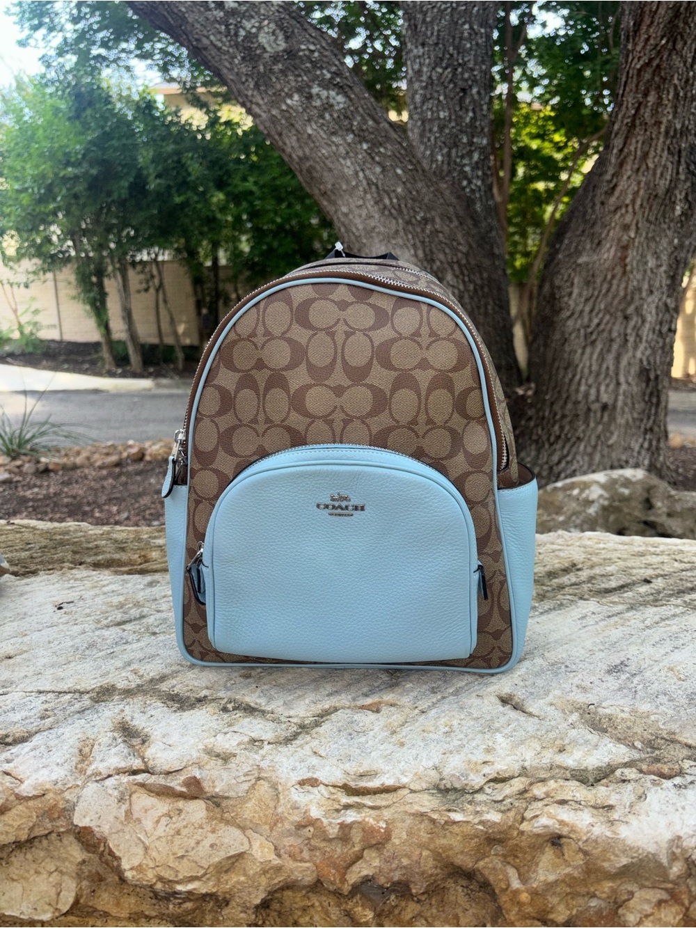 Coach Brown Signature Canvas Mini Backpack with Light Blue Trim
